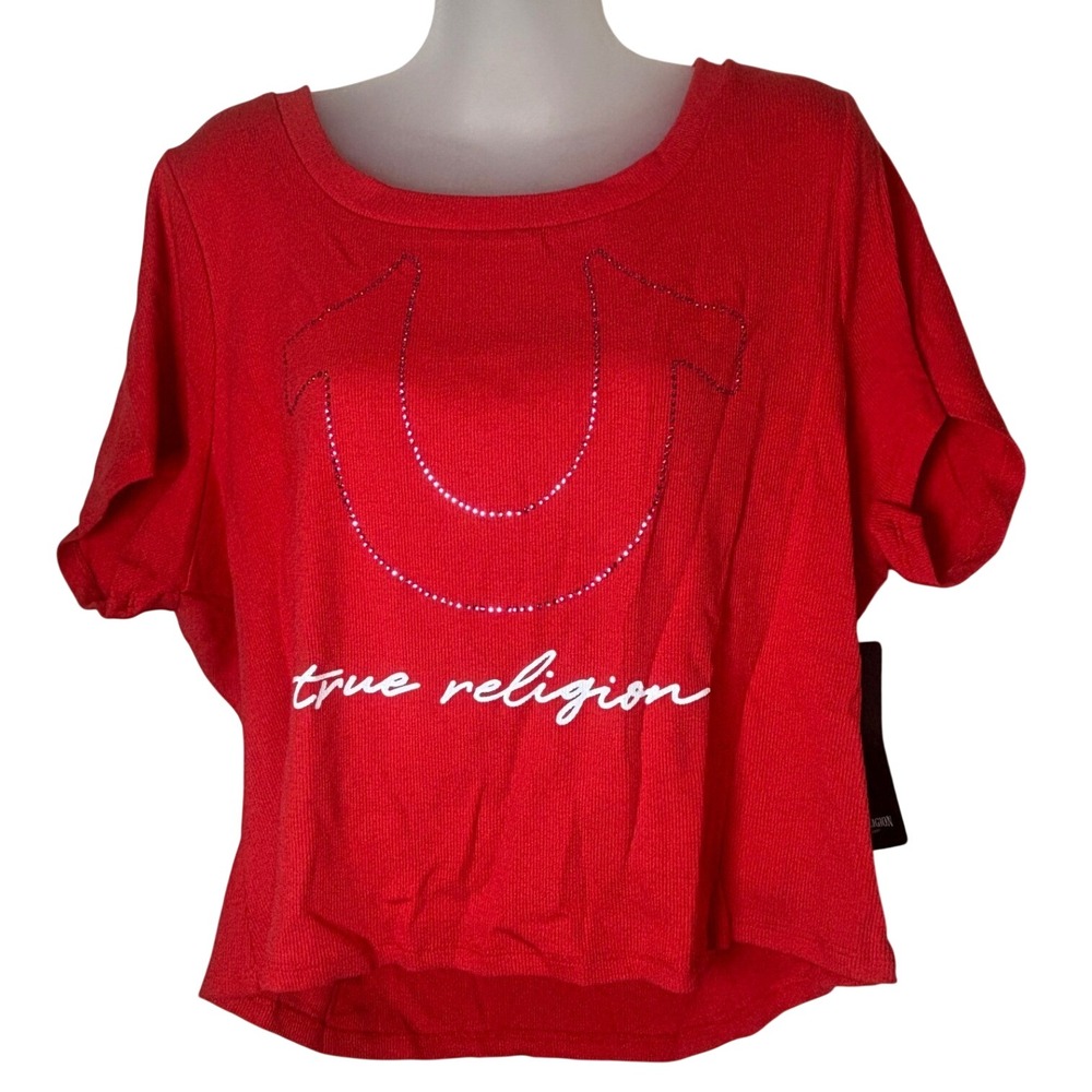 True Religion Womens Crystal Horseshoe Rib Baby Tee Poppy Red 3XL 600478PR8